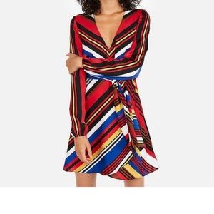 Express Colorful Striped Faux Wrap Tie Long Sleeve Mini Dress Small NWT